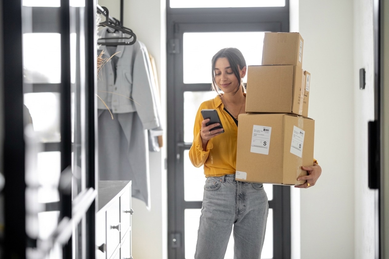A woman at her front door holding a stack of delivery boxes while checking her phone